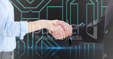 Business executives shaking hands against technology background