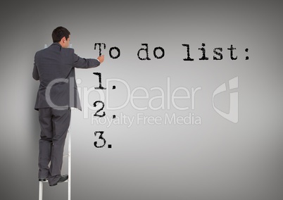 Businessman standing on a ladder against writing to do list against grey background
