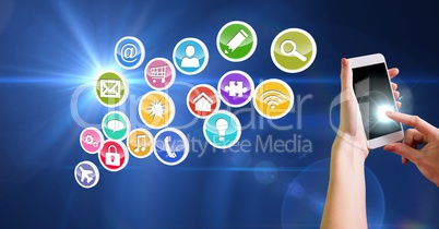 Female hands using mobile phone and various application icons in background