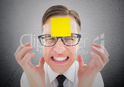 Frustrated businessman with blank sticky note on his forehead