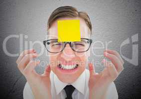 Frustrated businessman with blank sticky note on his forehead