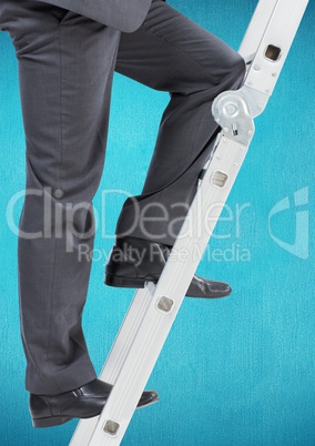 Businessman climbing up the ladder against blue background