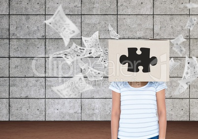 Woman with box on her head and papers flying in background