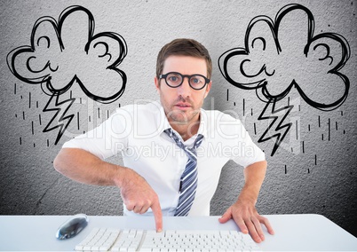 Businessman typing on desktop computer with lightning cloud in background