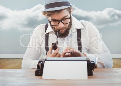 Man with smoking pipe using vintage type writer against cloud