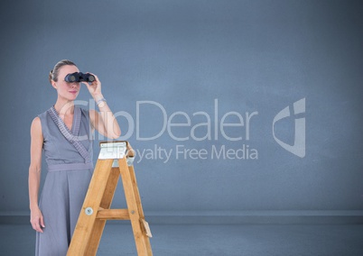Female executive standing on success ladder and looking through binocular