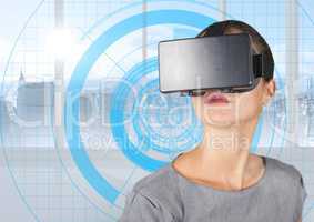 Female executive wearing virtual reality headset