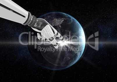 Robot hand touching globe against black background
