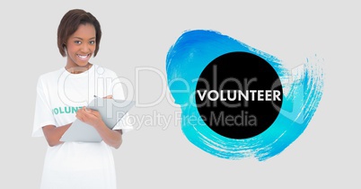 Volunteer holding clipboard against white background