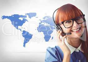 Customer service executive against world map in background