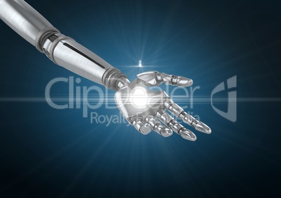 Robot hand with white light against blue background