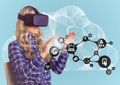 Woman pretending to touch while wearing virtual reality headset against cloud interface background