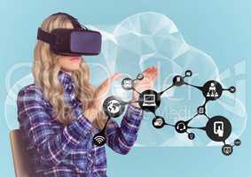 Woman pretending to touch while wearing virtual reality headset against cloud interface background