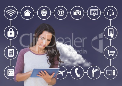 Woman using digital tablet with connecting icons and cloud in background