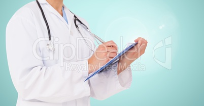 Doctor writing on clipboard against blue background