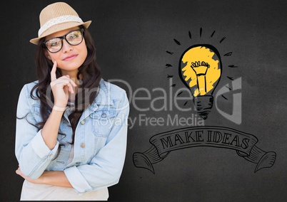 Girl in spectacles with finger on chin against background with bulb and make ideas in text