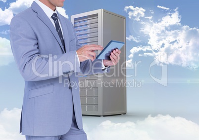 Businessman using digital tablet against database server system in sky