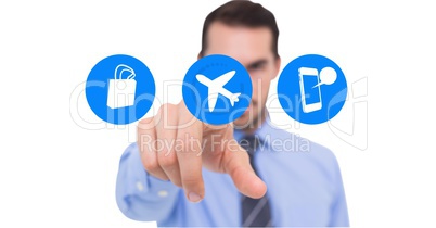 Man pretending to touch airplane mode icon against white background