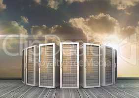 Server rooms arranged in a row against bright sunlight