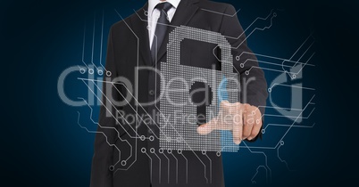Businessman touching security icon on modern virtual screen