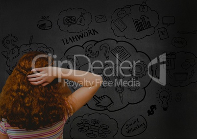 Girl looking at wall with social networking and business icons