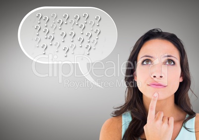 Digital composite image of thinking woman with speech bubble