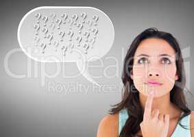 Digital composite image of thinking woman with speech bubble