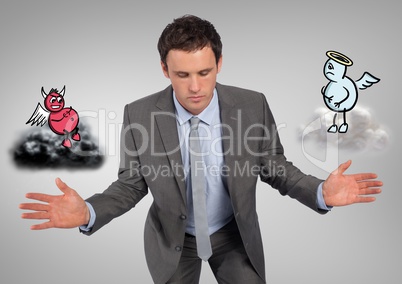 Digital composite image of a serious businessman with angel and demon