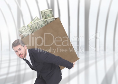 Corrupt businessman carrying box filled with bunch of dollar