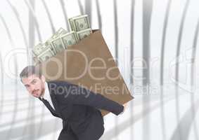Corrupt businessman carrying box filled with bunch of dollar
