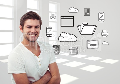 Man standing with arms crossed and application icons