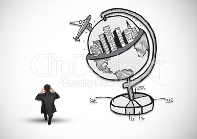 Rear view of businessman standing next to business globe concept
