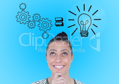Smiling woman with various graphic icons over head
