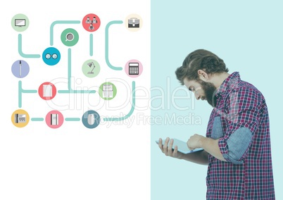 Man using digital tablet and various applications icon