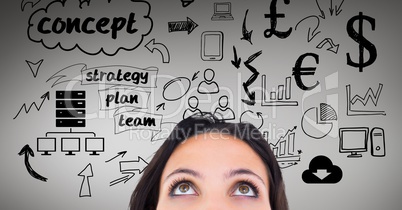 Woman with various business graphics icon over head