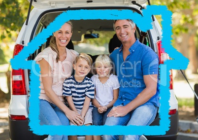 Family sitting in the back of the van against house outline in background