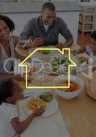 Home outline with family having food on dining table