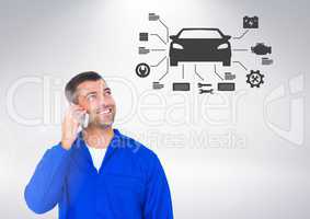Conceptual image of mechanic talking on mobile phone while looking at vector car sign
