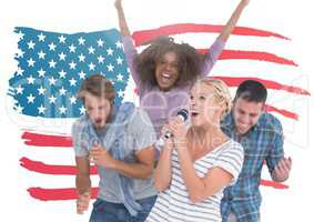Group of people singing against american flag background