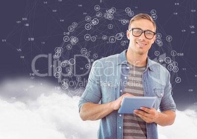 Man using digital tablet against digitally generated background