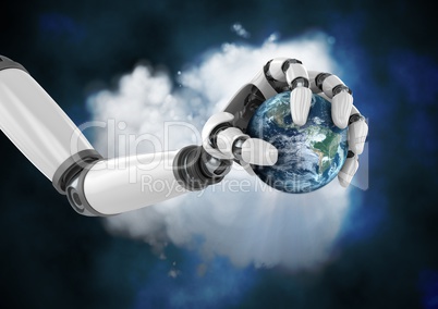 Robot hand holding globe in front of cloud