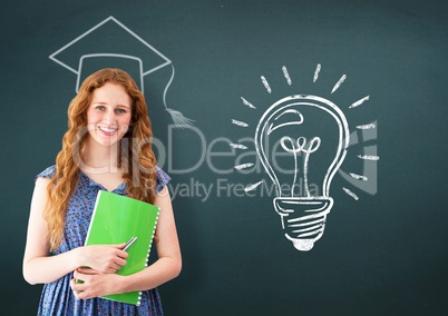 Woman standing and holding book with graduation cap and light bulb in background