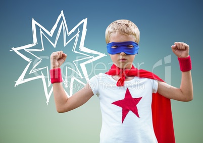 Kid in superhero costume flexing his arms against green background