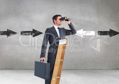 Businessman looking through binoculars while standing on ladder against direction arrows in backgrou