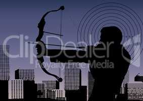 Silhouette of businessman aiming with bow and arrow against cityscape