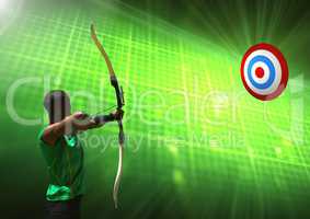 Man aiming with bow and arrow at target