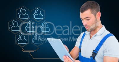 Repairman using digital tablet against interface design in background