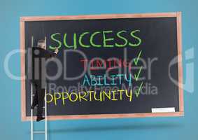 Businessman standing on the ladder and writing success concept on blackboard