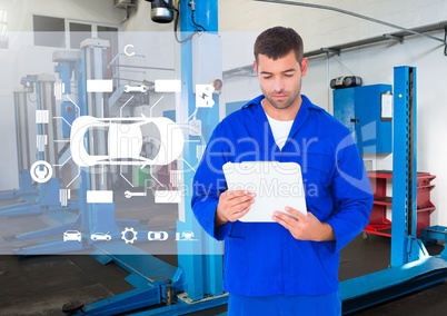 Mechanic holding a clipboard against a digital interface