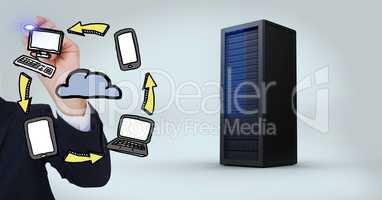 Businessman with various icons and server against white background